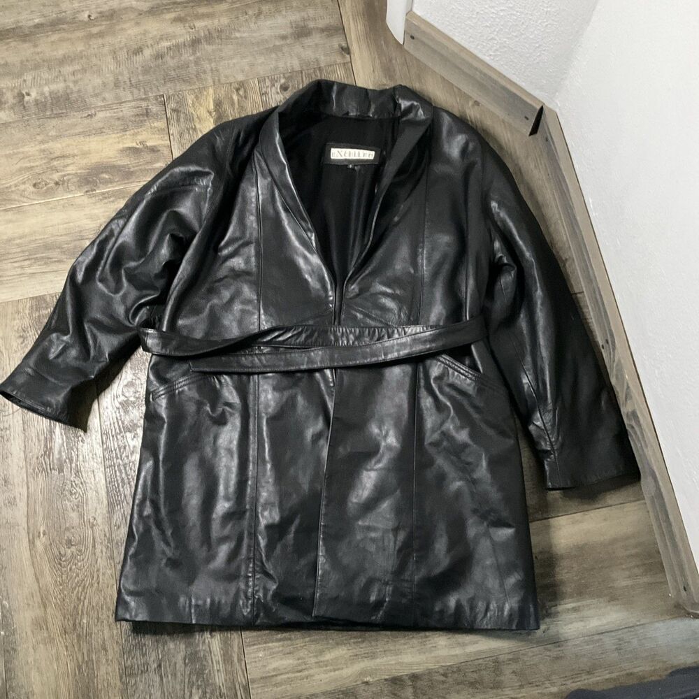 Vintage Black Leather Mid-length Tie Waist Jacket from Wilson’s (Small)